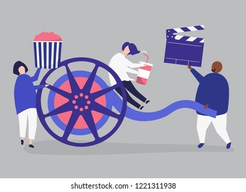 Characters of people holding movie icons illustration