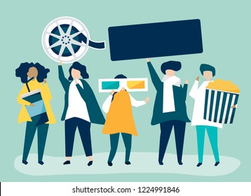 Characters of people holding movie icons illustration
