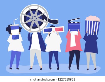 Characters of people holding movie icons illustration