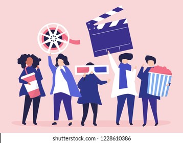 Characters of people holding movie icons illustration