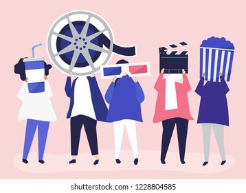 Characters of people holding movie icons illustration