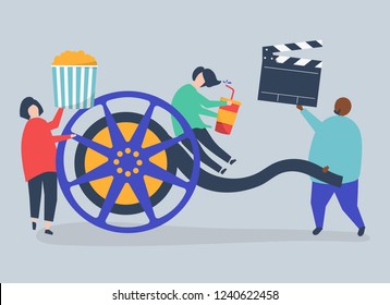 Characters of people holding movie icons illustration