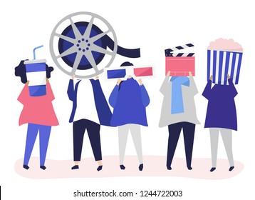 Characters of people holding movie icons illustration
