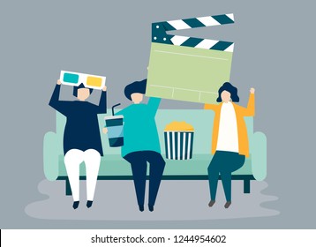 Characters of people holding movie icons illustration