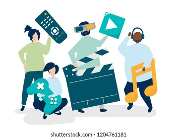Characters of people holding multimedia icons illustration