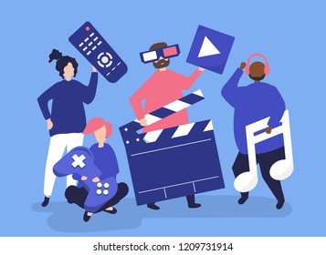 Characters of people holding multimedia icons illustration
