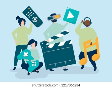 Characters of people holding multimedia icons illustration