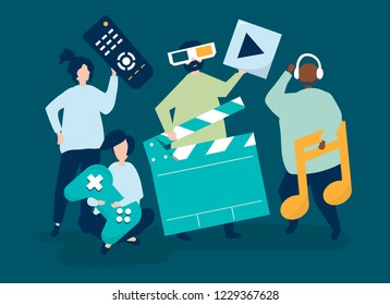 Characters of people holding multimedia icons illustration