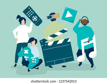 Characters of people holding multimedia icons illustration