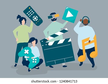Characters of people holding multimedia icons illustration