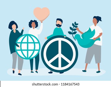 Characters of people holding peace icon illustration