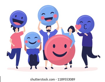 Characters People Holding Positive Emoticons Illustration Stock Vector ...