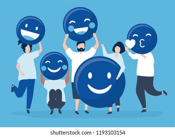 Characters of people holding positive emoticons illustration