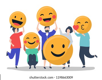 Characters of people holding positive emoticons illustration