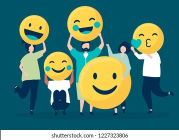 Characters People Holding Positive Emoticons Illustration Stock Vector ...