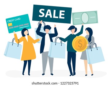Characters of people holding shopping icons illustration