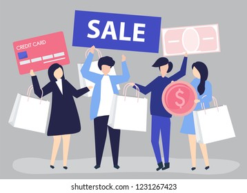 Characters of people holding shopping icons illustration