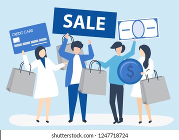 Characters of people holding shopping icons illustration