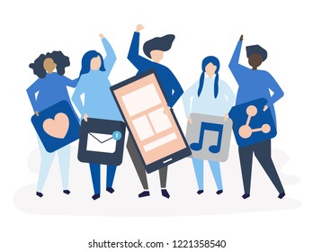 Characters of people holding social networking icons illustration