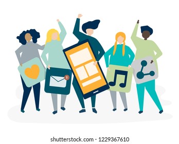 Characters of people holding social networking icons illustration