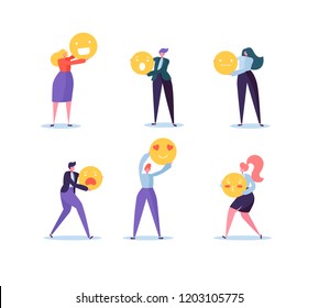 Characters People Holding Various Emoticons. Emoji and Smiles Communication Concept with Man and Woman. Vector illustration