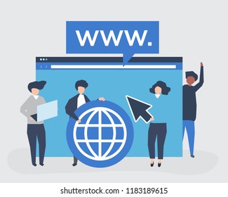 Characters of people holding website icons illustration