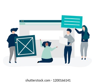 Characters of people holding website icons illustration