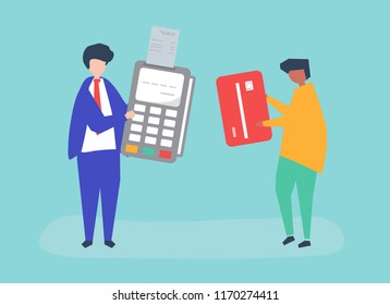 Characters of people making a credit card transaction illustration