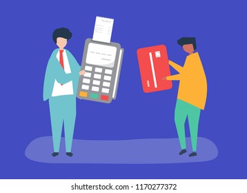 Characters of people making a credit card transaction illustration