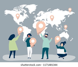 Charaktere von Menschen mit Karte und GPS-Marker-Illustration