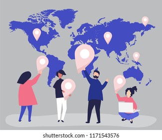 Characters of people with map and GPS marker illustration