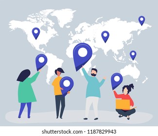 Characters of people with map and GPS marker illustration