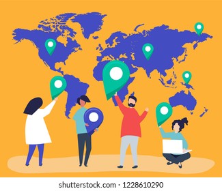 Characters of people with map and GPS marker illustration