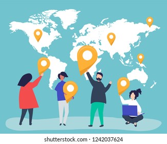 Charaktere von Menschen mit Karte und GPS-Marker-Illustration