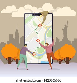 Characters people navigation flat in cartoon style. People character business navigation set. Social phone media web banner. Business trip. Landing minimal concept, flat cartoon style illustration