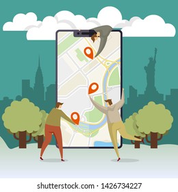 Characters people navigation flat in cartoon style. People character business navigation set. Social phone media web banner. Business trip. Landing minimal concept, flat cartoon style illustration