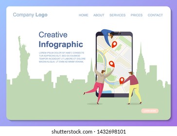 Characters people navigation flat in cartoon style. People character business navigation landing page. Social phone media web banner. Business Landing minimal concept, flat cartoon style illustration