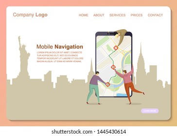 Characters people navigation flat in cartoon style. People character business navigation landing page. Social phone media web banner. Business Landing minimal concept, flat cartoon style illustration