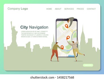 Characters people navigation flat in cartoon style. People character business navigation landing page. Social phone media web banner. Business Landing minimal concept, flat cartoon style illustration