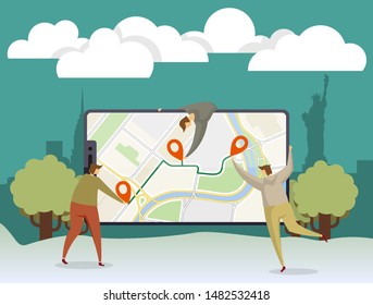 Characters people navigation flat in cartoon style. People character business navigation set. Social phone media web banner. Business trip. Landing minimal concept, flat cartoon style illustration