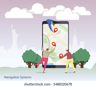 Characters people navigation flat in cartoon style. People character business navigation set. Social phone media web banner. Business trip. Landing minimal concept, flat cartoon style illustration