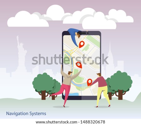 Characters people navigation flat in cartoon style. People character business navigation set. Social phone media web banner. Business trip. Landing minimal concept, flat cartoon style illustration