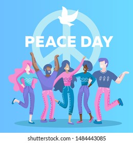 Characters of people on the background of big peace icon illustration. International Peace day greeting card with dove symbil. Five people of different races , nationalities hug together. Vector