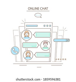 Characters People and Online Chat Concept Contour Linear Style Include of Speech Bubble and Smartphone. Vector illustration