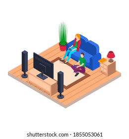 Characters People Playing Video Game and Interior Isometric View. Vector illustration of Man and Woman Gaming at Home