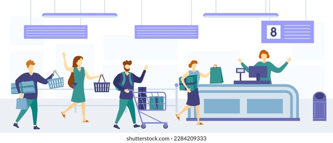 Characters people in queue in store. Men and women in casual clothes in queue. Customers Stand in Line at Grocery or Supermarket Turn with Goods in Shopping Trolley Put. Vector illustration, eps 10.