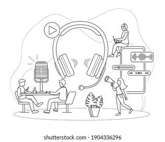 Characters People and Radio Broadcasting Concept Contour Linear Style Include of Headset and Mic. Vector illustration of Lineart