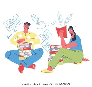 Characters of people read books for audiobooks and online library, bookstores, for e-learning. Educational resource banner design with reading people, flat vector illustration isolated on white.