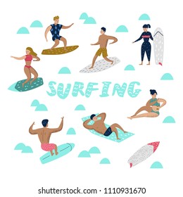 Characters People Surfing at the Beach. Man and Woman Cartoon Surfers. Water Sport Concept. Vector illustration