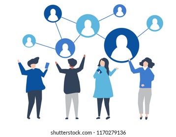 Characters of people and their social network illustration